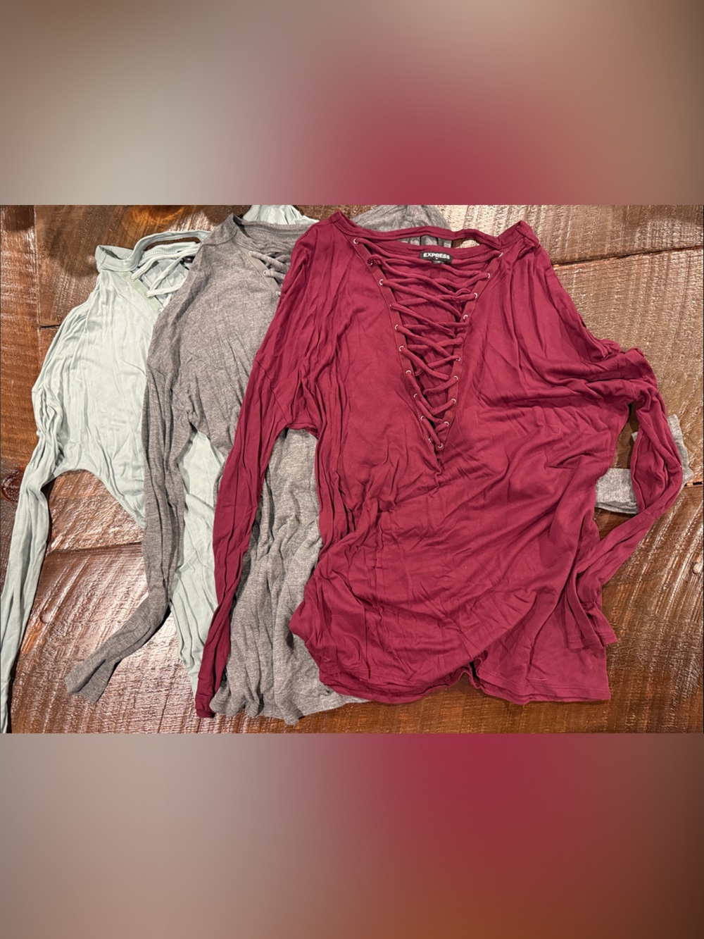 Express Lace-Up Long Sleeve Tops in Burgundy, Gray, and Sage